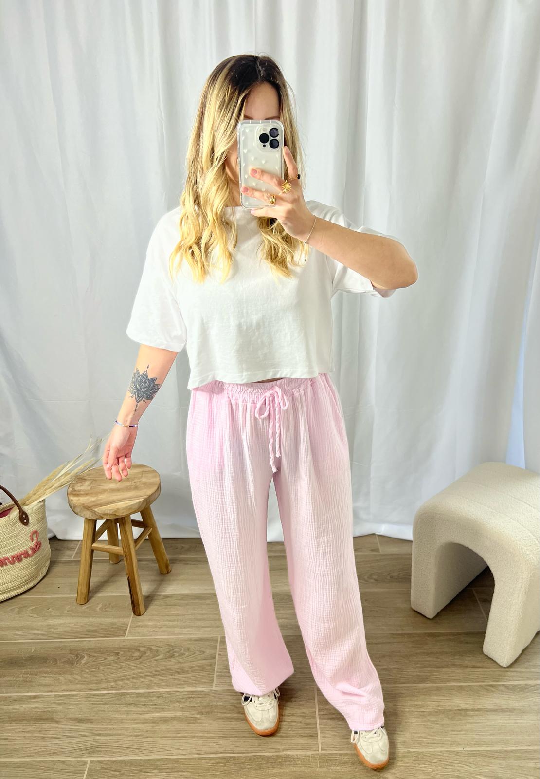Pantalon gaze de coton rose
