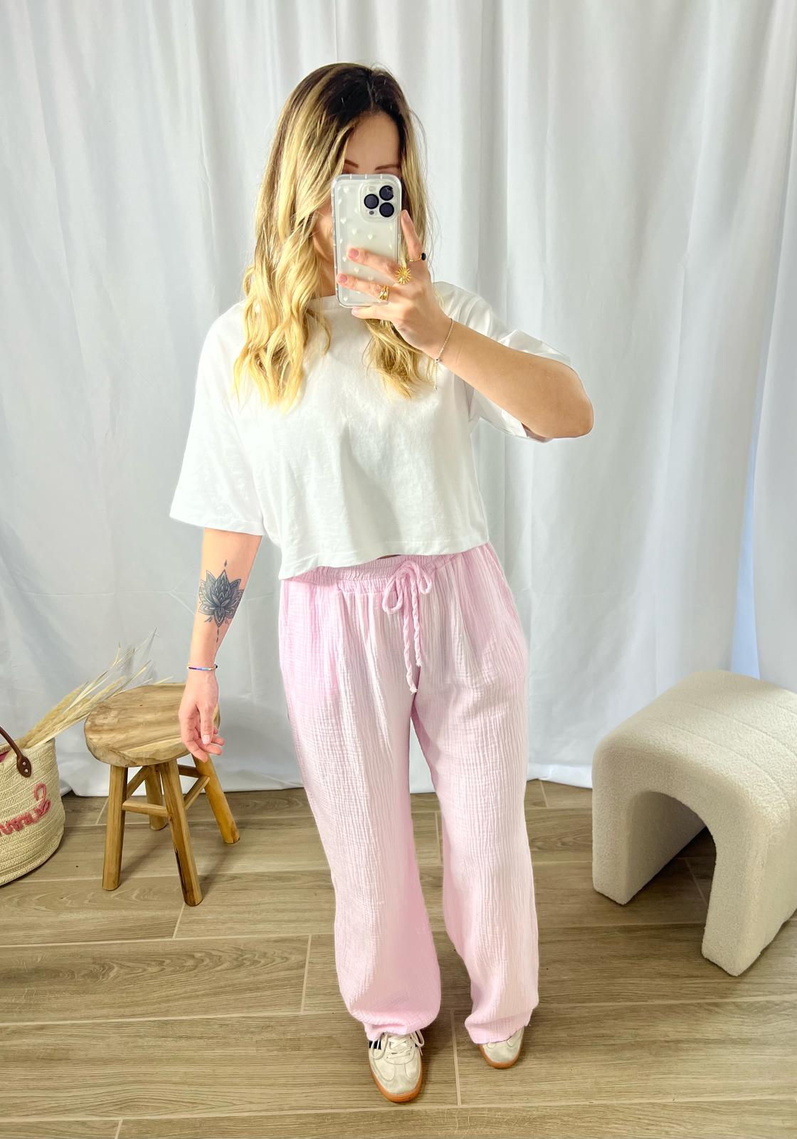 Pantalon gaze de coton rose